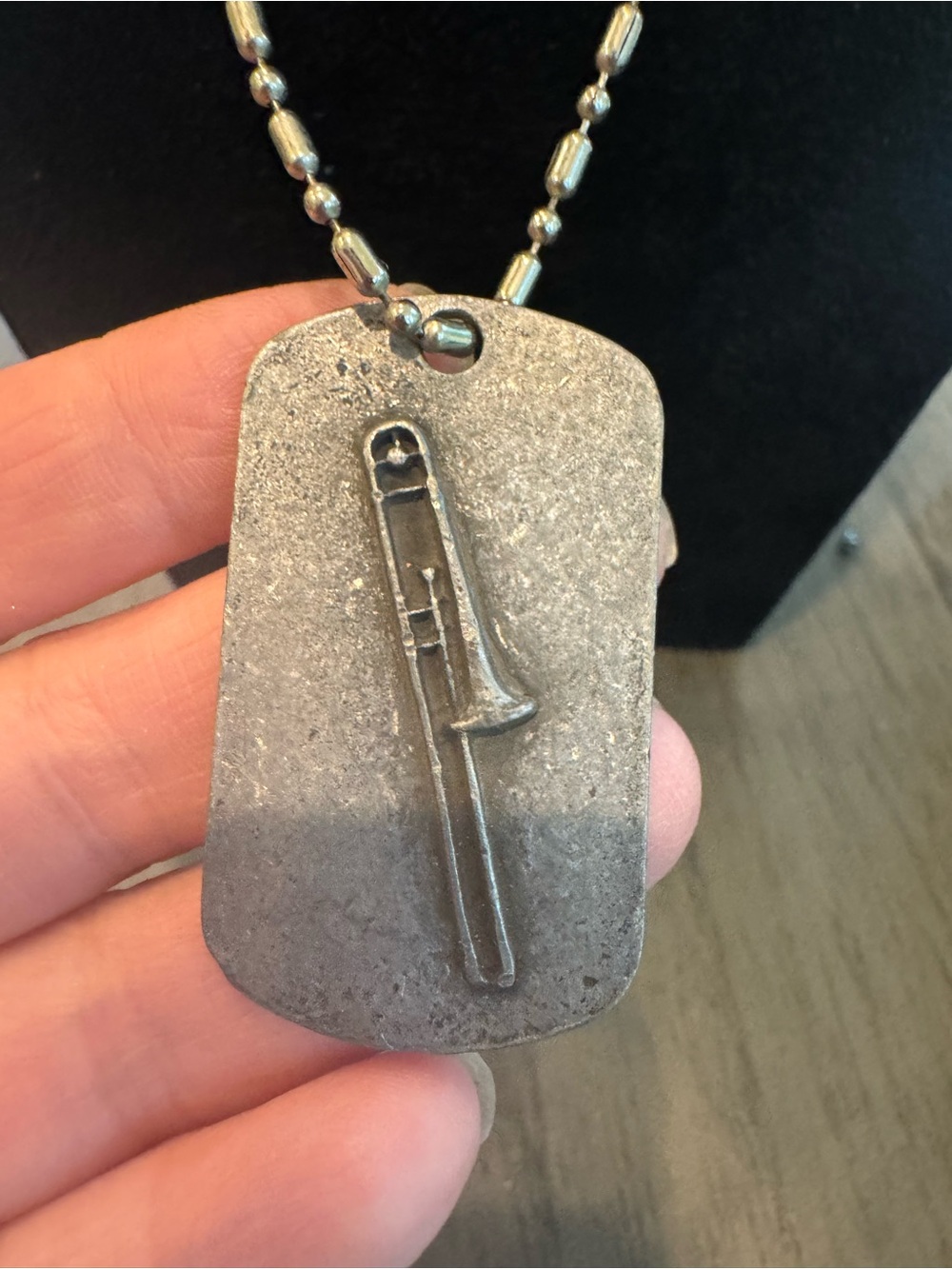 Vintage Style Trombone Dog Tag Pendant Necklace Silver Tone Music Jewelry